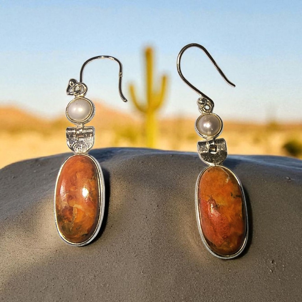 Orange Mojave Turquoise & White Pearl Sterling Silver Dangle Earrings Brand New